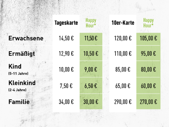 Preisanpassung Tabelle Tageskarten