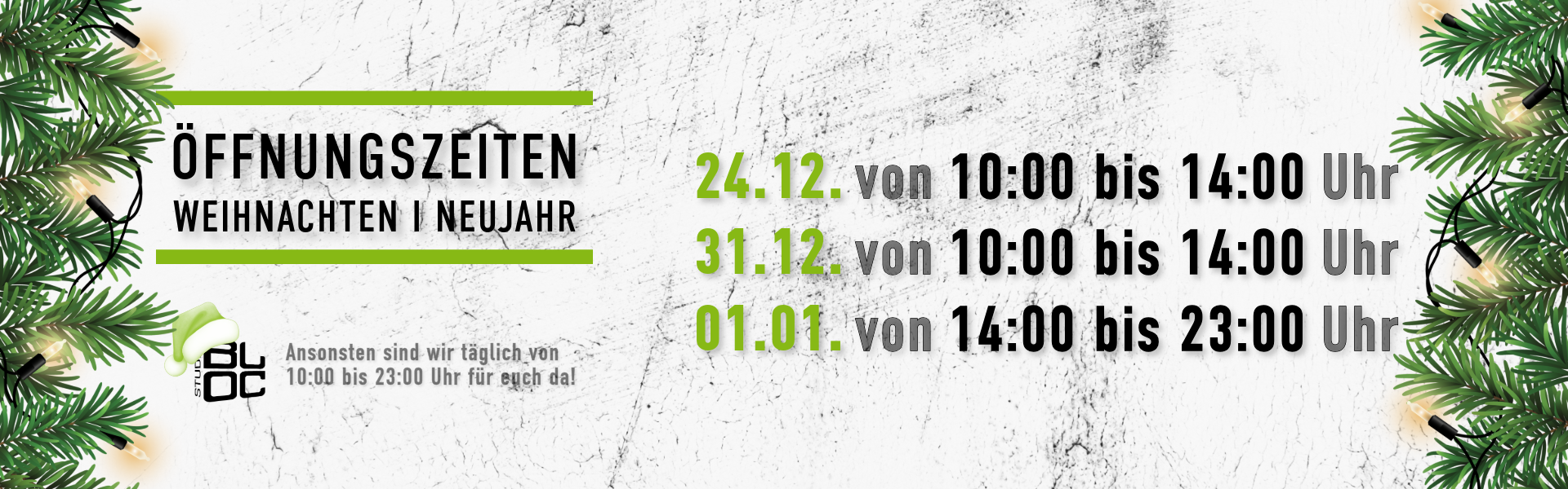 Abweichende Öffnungszeiten Weihnachten Neujahr Studio bloc Darmstadt